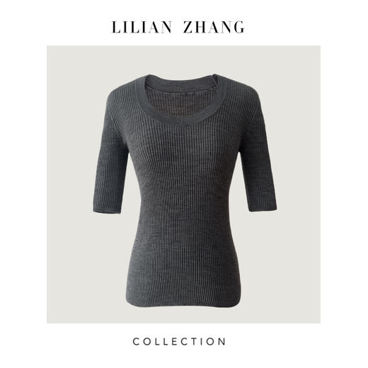 LILIAN ZHANG 定制——U型圆领中袖羊毛套衫、坑条修身超显瘦2408002 商品图3
