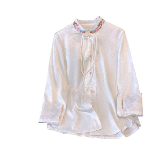 KQL-3276新中式国风白色刺绣复古衬衫春季新款禅意盘扣唐装汉服上衣 商品图4