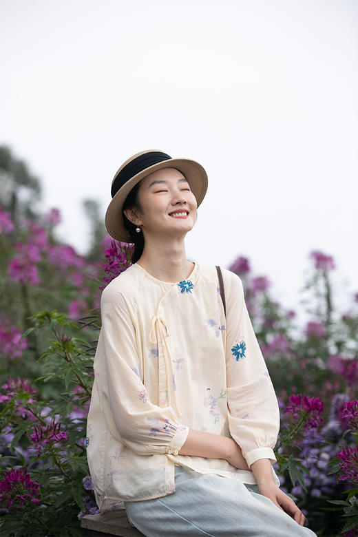 牧衣游原创 印花精棉衬衫女新款纯棉轻薄文艺偏襟中式风小衫 清浅 商品图5