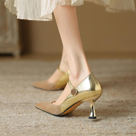 【预售5天】法式尖头细跟单鞋，拼色一字扣浅口高跟鞋HBP&5957 商品图3