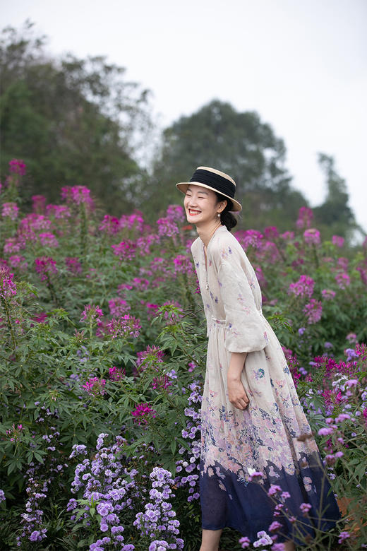 牧衣游原创 印花进口麻连衣裙女新款别致小众设计感长裙气质 树间 商品图5