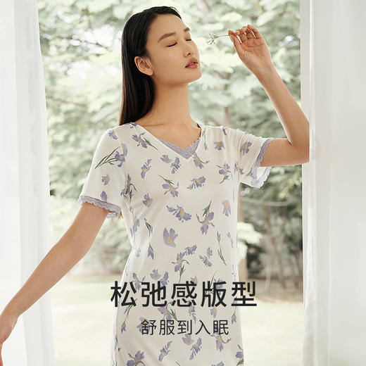 【深睡眠蚕丝睡衣】金三塔真丝针织印花短袖睡裙100%桑蚕丝家居服  YZFEB301 商品图1