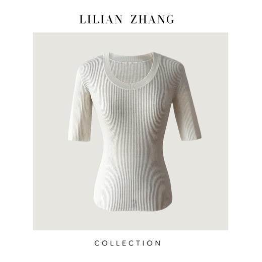 LILIAN ZHANG 定制——U型圆领中袖羊毛套衫、坑条修身超显瘦2408002 商品图1
