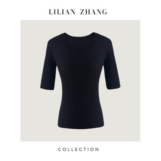 LILIAN ZHANG 定制——U型圆领中袖羊毛套衫、坑条修身超显瘦2408002 商品图2