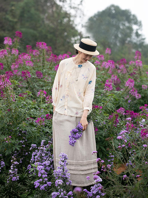 牧衣游原创 印花精棉衬衫女新款纯棉轻薄文艺偏襟中式风小衫 清浅 商品图2