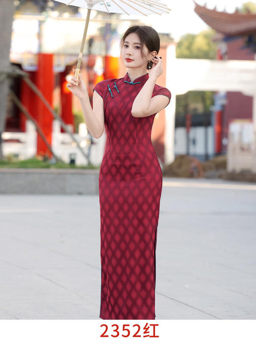 2024新款复古民国风优雅气质印花湖蓝色长款曳地乔其纱半开襟旗袍YG 2352 商品图7