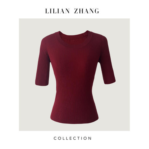 LILIAN ZHANG 定制——U型圆领中袖羊毛套衫、坑条修身超显瘦2408002 商品图4