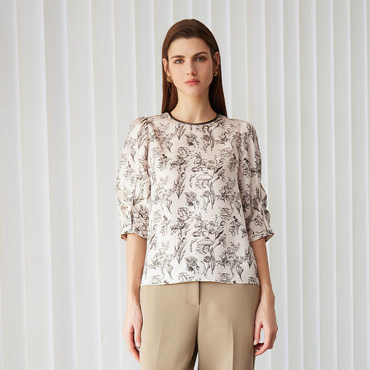 【桑蚕丝印花T恤】24年春夏新品女士100%桑蚕丝印花时尚七分袖超薄上衣 商品图1