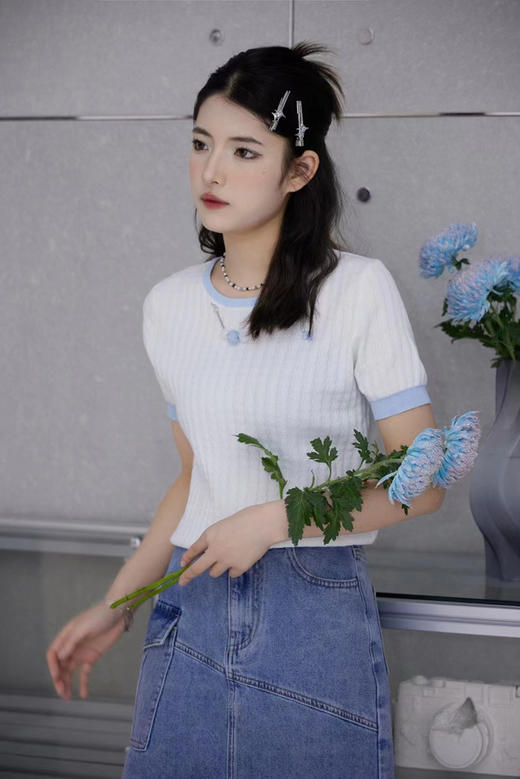 圆领撞色边挂珠针织短袖衫 9522040017 商品图5