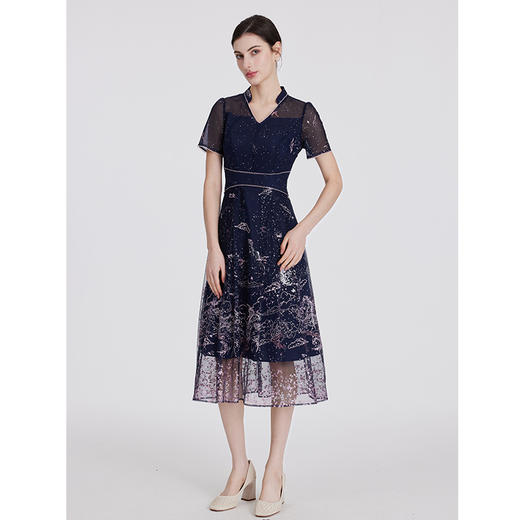 司歌新中式刺绣v领短袖连衣裙A891076X 商品图2