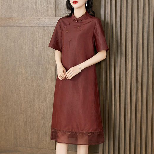 红色香云纱真丝连衣裙，宽松桑蚕丝改良版旗袍裙KQN-221542 商品图0