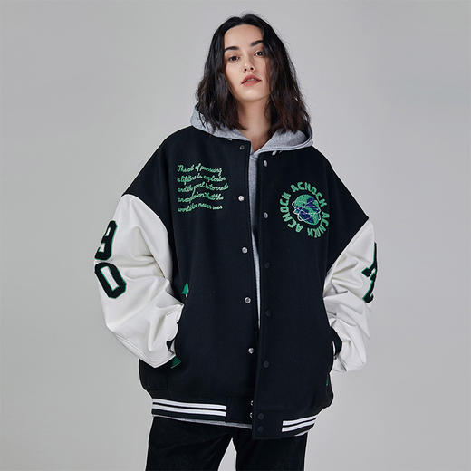 【Achock官方店】国潮原创绿色刺绣美式棒球服落肩袖夹克情侣外套 商品图1