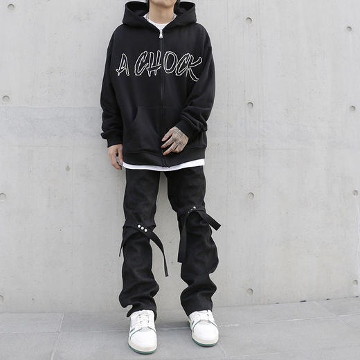 【Achock官方店】国潮毛粒绒刺绣印花拉链卫衣春季简约连帽外套男 商品图2