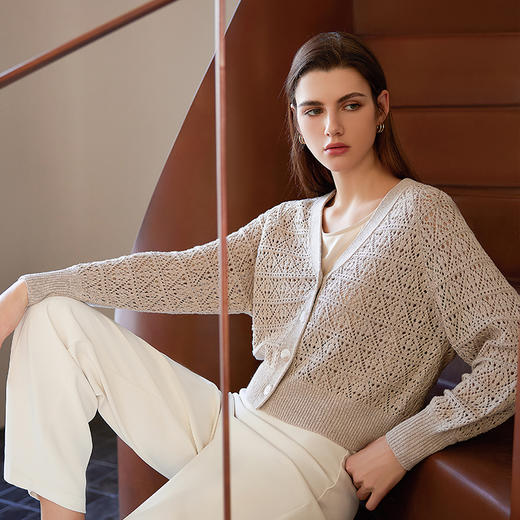 【棉麻V领镂空针织开衫】24年春夏新品女士时尚镂空透气短款针织小外套 商品图2