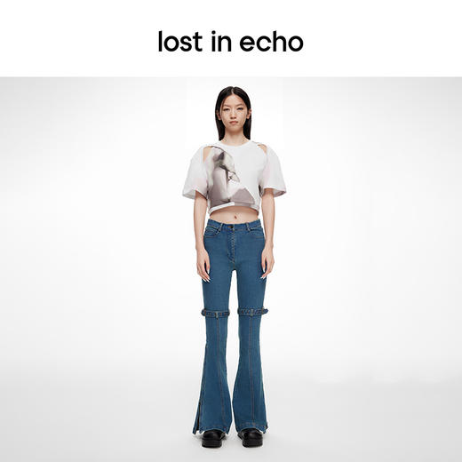 lost in echo2024春季新款设计师品牌双扣带紧身酸洗牛仔喇叭裤 商品图3