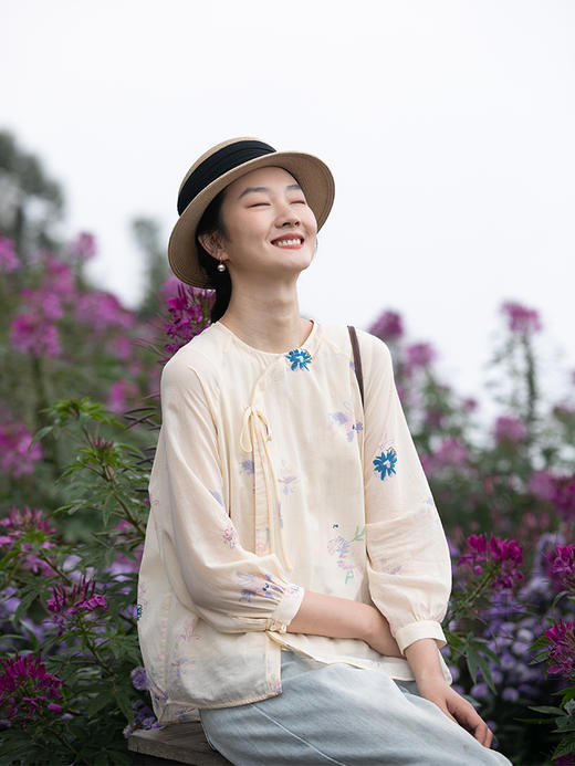 牧衣游原创 印花精棉衬衫女新款纯棉轻薄文艺偏襟中式风小衫 清浅 商品图0