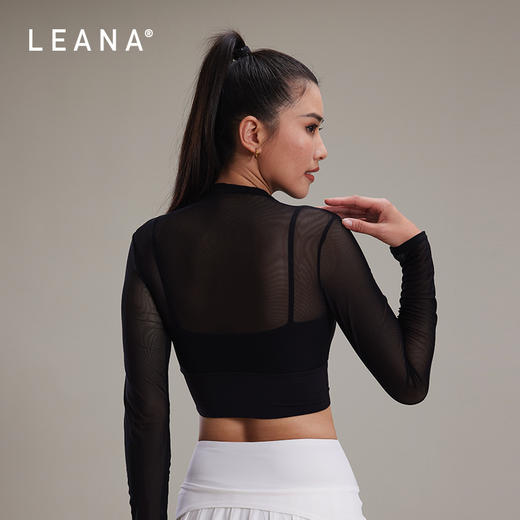 LEANA性感网纱瑜伽服长袖带胸垫跑步速干运动文胸一体杯健身服上衣LN3210 商品图4