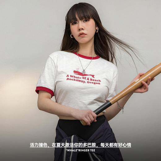 马登印花字母短袖休闲宽松圆领上衣正肩T恤撞色罗纹显瘦打底衫女 商品图2