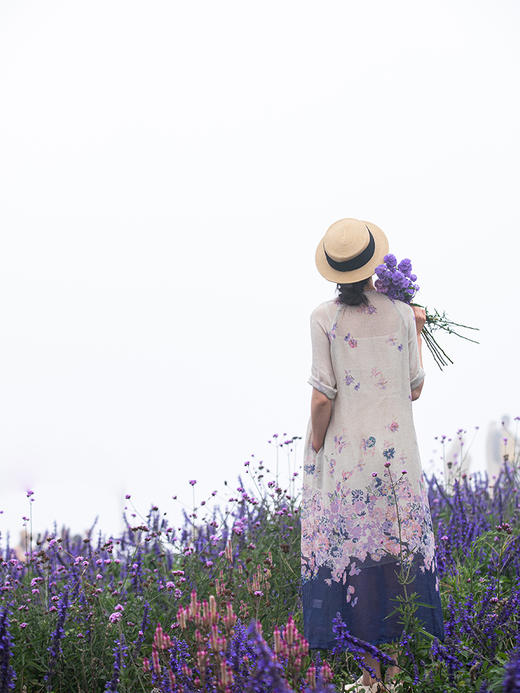 牧衣游原创 印花进口麻连衣裙女春季新款禅意复古新中式长裙 前雪 商品图3