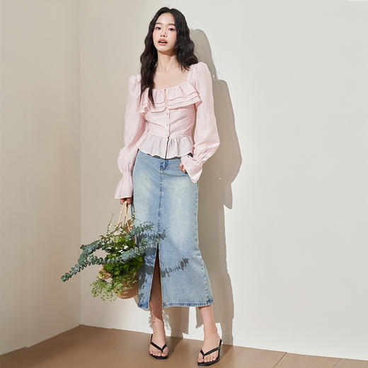 法式浪漫甜美荷叶边花苞袖衬衫女2024春季新款短款方领衬衣V0040977 商品图1