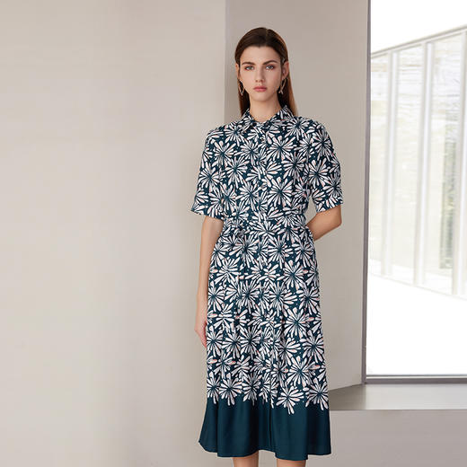 【桑蚕丝印花连衣裙】24年春夏新品女士100%桑蚕丝印花连衣裙时尚系带收腰裙子 商品图1
