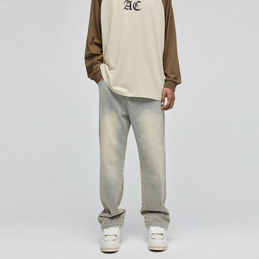 【Achock官方店】美式复古水洗黄泥色直筒牛仔裤侧口袋牛仔裤男 商品图3