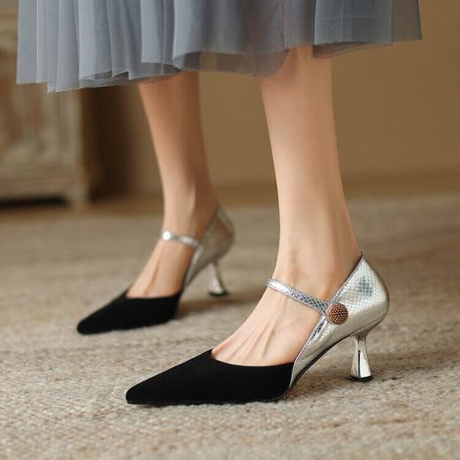 【预售5天】法式尖头细跟单鞋，拼色一字扣浅口高跟鞋HBP&5957 商品图4