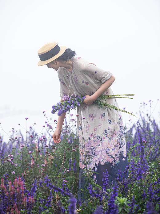 牧衣游原创 印花进口麻连衣裙女春季新款禅意复古新中式长裙 前雪 商品图2