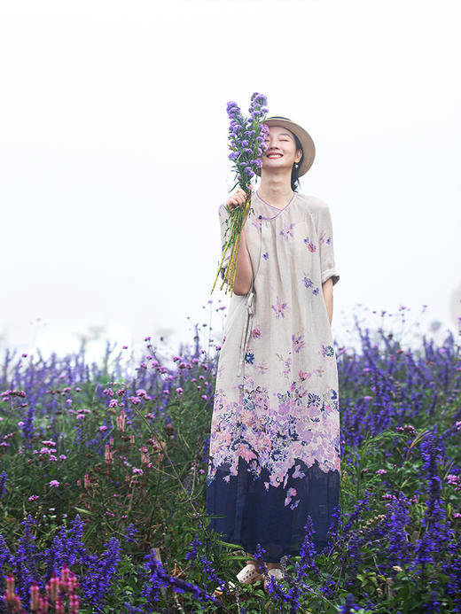 牧衣游原创 印花进口麻连衣裙女春季新款禅意复古新中式长裙 前雪 商品图1