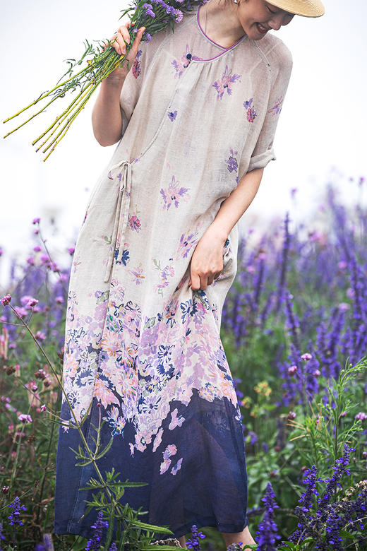 牧衣游原创 印花进口麻连衣裙女春季新款禅意复古新中式长裙 前雪 商品图5