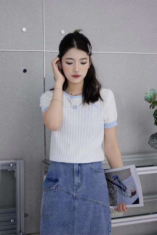 圆领撞色边挂珠针织短袖衫 9522040017 商品图8