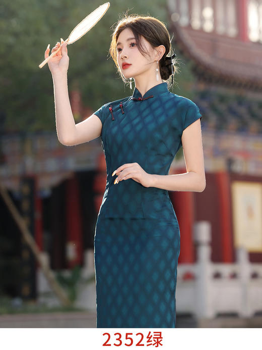 2024新款复古民国风优雅气质印花湖蓝色长款曳地乔其纱半开襟旗袍YG 2352 商品图5