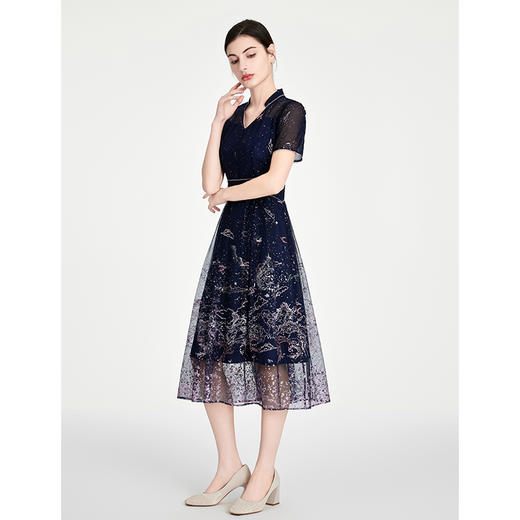 司歌新中式刺绣v领短袖连衣裙A891076X 商品图0