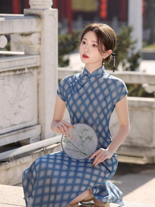 2024新款复古民国风优雅气质印花湖蓝色长款曳地乔其纱半开襟旗袍YG 2352 商品图0