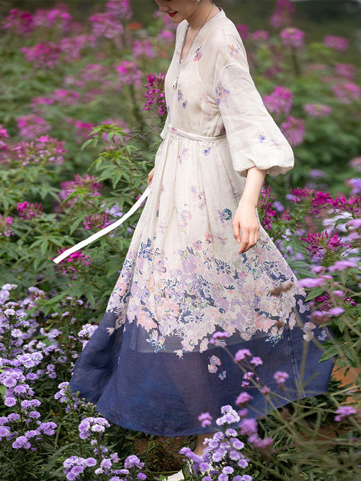 牧衣游原创 印花进口麻连衣裙女新款别致小众设计感长裙气质 树间 商品图2