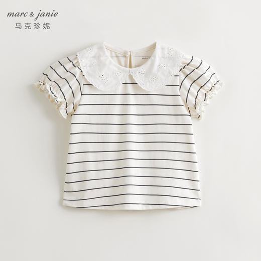 马克珍妮女童花边领泡泡袖条纹短袖T恤 儿童上衣夏装新款240786 商品图1