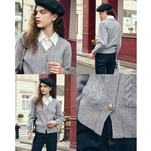 OLrain欧芮儿灰色V领毛衣女早春2024年新款学院风假两件针织开衫 商品图2