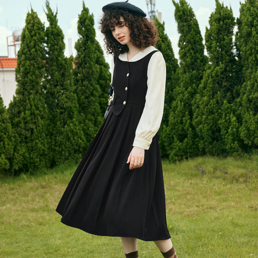 OLrain欧芮儿黑色假两件连衣裙女早春2024新款收腰法式娃娃领裙子 商品图1