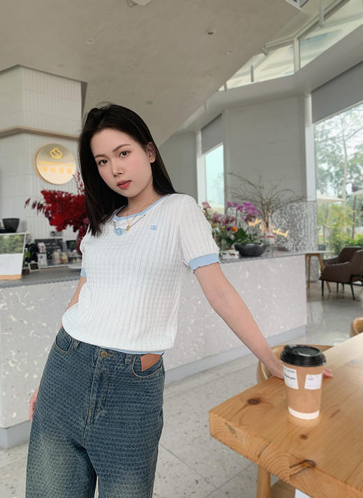 圆领撞色边挂珠针织短袖衫 9522040017 商品图0