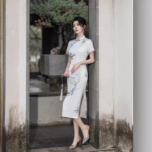 春夏款提花中国风复古素雅印花修身显瘦旗袍裙JLM6005 商品图3