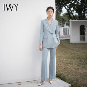 IWY/宽松西服外套雾霾蓝色西装套装长款休闲高级设计感通勤微喇裤C14228+P34228