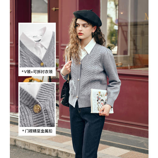 OLrain欧芮儿灰色V领毛衣女早春2024年新款学院风假两件针织开衫 商品图3