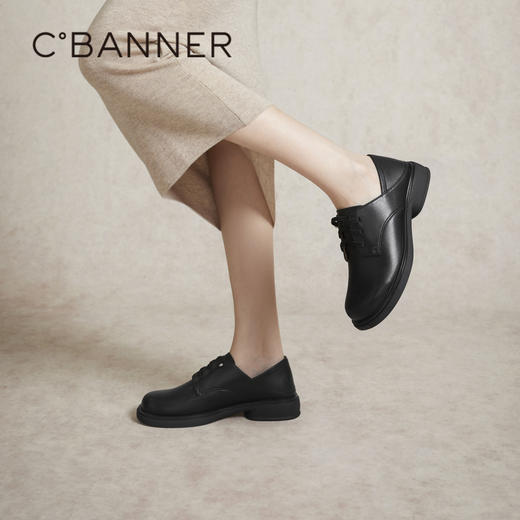 千百度低跟真皮牛津鞋春季软面小皮鞋女黑色系带单鞋两穿A24183906 商品图4