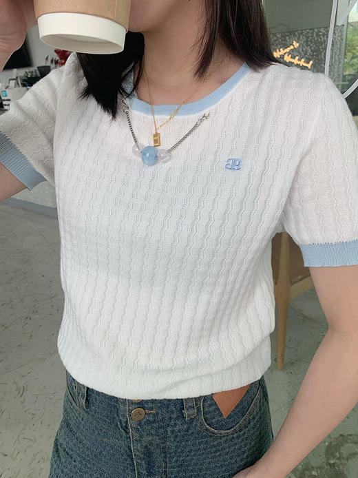 圆领撞色边挂珠针织短袖衫 9522040017 商品图3
