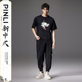 PINLI品立2024新中式夏季新款男装中国风烫钻印花圆领短袖T恤上衣BG242111022