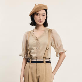 谜底套头针织衫短袖女2024夏季新品时髦拼接泡泡袖上衣242MZ0898