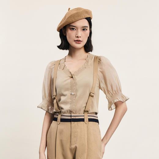 谜底套头针织衫短袖女2024夏季新品时髦拼接泡泡袖上衣242MZ0898 商品图0