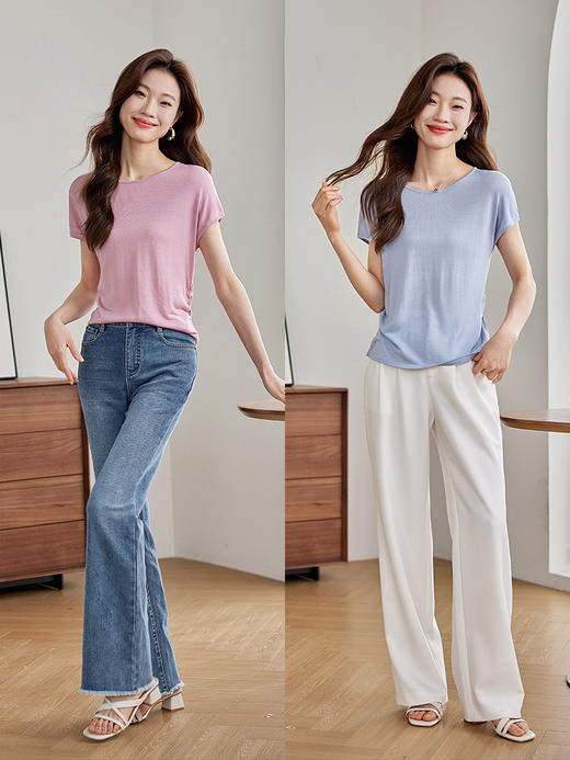 【专属特价】熙世界轻奢桑蚕丝针织衫女薄款2025夏新款纯色小衫短袖天丝上衣 商品图3