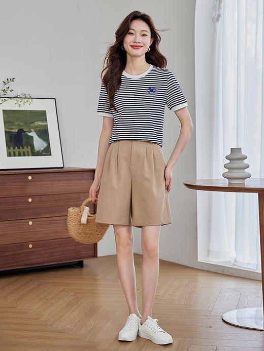 【专属特价】熙世界海魂风条纹T恤女短袖2025夏款减龄猫咪刺绣圆领体恤上衣 商品图4