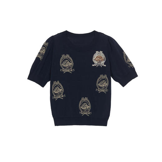 谜底套头针织衫短袖女2024夏季新品复古文艺风提花上衣242MZ0856 商品图4